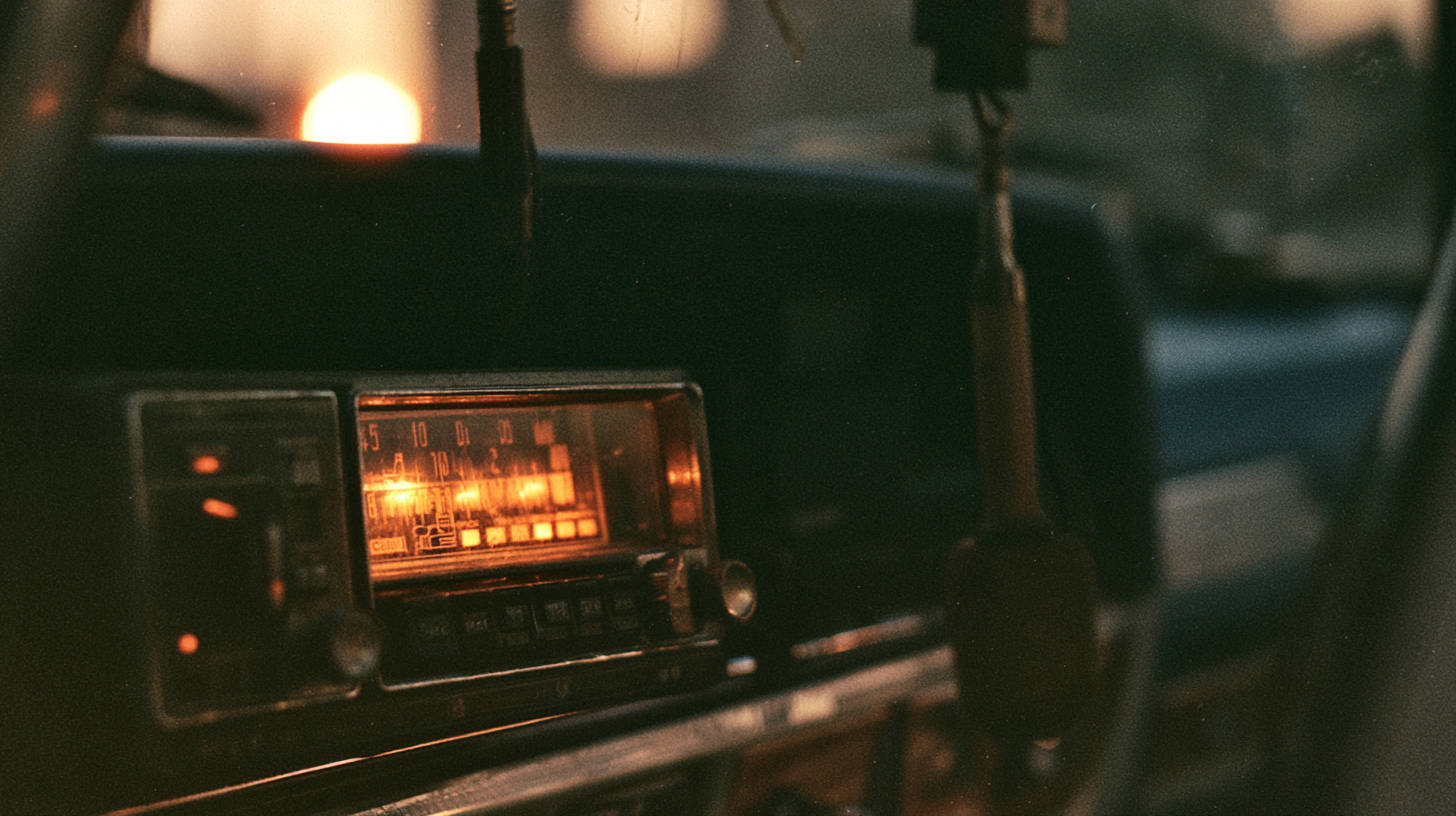 A CB radio glowing amber on the dash of a truck at dusk.